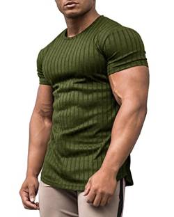 URRU Herren Muskel T Shirts Stretch Kurzarm Bodybuilding Workout Casual Slim Fit Tee Shirts, Grün (Army Green), L von URRU