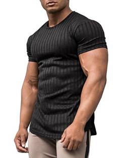 URRU Herren Muskel T Shirts Stretch Kurzarm Bodybuilding Workout Casual Slim Fit Tee Shirts, Schwarz, L von URRU