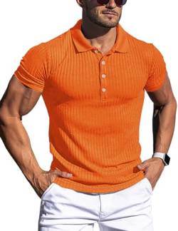 URRU Herren Muskel T-Shirts Stretch Lang&Kurzarm Workout Tee Casual Slim Fit Poloshirt, 1 kurze Ärmel, Orange, Klein von URRU