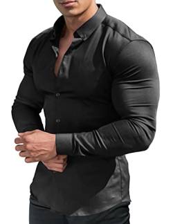 URRU Herren Muskelkleid Hemden Slim Fit Stretch Kurzarm Casual Button Down Shirt, Langarm-schwarz, Groß von URRU