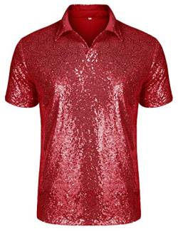 URRU Herren Relaxed Kurzarm Turndown Glitzernde Pailletten Poloshirts 70er Jahre Disco Nachtclub Party T-Shirts Tops S-XXL, Rot/Ausflug, einfarbig (Getaway Solids), XX-Large von URRU