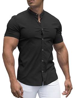 URRU Herren-Shirt, Muskelkleid, schmale Passform, Stretch, gebänderter Kragen, lang und kurzärmelig, lässig, Button-Down-Shirt, Kurzarm-schwarz, L von URRU