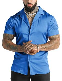 URRU Luxuriöses Herrenhemd, glänzend, seidenähnlich, Satin, kubanischer Kragen, kurze Ärmel, lässig, schmale Passform, Muskelknopfhemden, Königsblau, Mittel von URRU