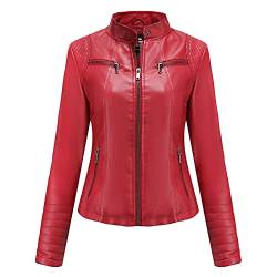 URSING Damen Lederjacke Stehkragen Kunstlederjacke Winddicht Warm Verdicken Reißverschluss Jacke Stehkragen PU Lederjacke Retro Motorradjacke von URSING