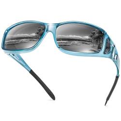 URUMQI Polarisierte Sonnenbrille Herren Damen UV400 Schutz Wrap Around Blendschutz Sonnenbrille für Brillenträger Fit over Brille Fahren Angeln Blau Rahmen von URUMQI