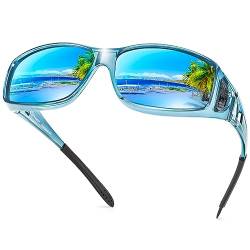 URUMQI Polarisierte Sonnenbrille Herren Damen UV400 Schutz Wrap Around Blendschutz Sonnenbrille für Brillenträger Fit over Brille Fahren Angeln Blau Rahmen von URUMQI