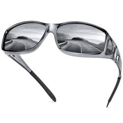 URUMQI Polarisierte Sonnenbrille Herren Damen UV400 Schutz Wrap Around Blendschutz Sonnenbrille für Brillenträger Fit over Brille Fahren Angeln Grau Rahmen von URUMQI