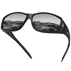 URUMQI Polarisierte Sonnenbrille Herren Damen UV400 Schutz Wrap Around Blendschutz Sonnenbrille für Brillenträger Fit over Brille Fahren Angeln Schwarzer Rahmen von URUMQI
