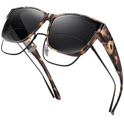 URUMQI Polarisierte Sonnenbrille Herren Damen UV400 Schutz übergroße Quadratische Sonnenbrille für Brillenträger Fit over Brille Fahren Angeln Beige Schildpatt Rahmen von URUMQI