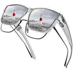 URUMQI Polarisierte Sonnenbrille Herren Damen UV400 Schutz übergroße Quadratische Sonnenbrille für Brillenträger Fit over Brille Fahren Angeln Grau Rahmen von URUMQI