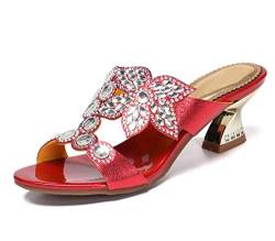 URVIP Damen Blumen Muster Rhinestone Wedge Slippers Heeled Sandal Kleid Schuhe Rot 42 EU von URVIP