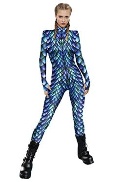 URVIP Frauen Halloween Kostüm Skelett Bedruckter Body Skinny Catsuit Jumpsuit Blau Lila Fischschuppen M von URVIP