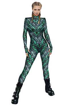 URVIP Frauen Halloween Kostüm Skelett Bedruckter Body Skinny Catsuit Jumpsuit Grün Schlangenhaut L von URVIP