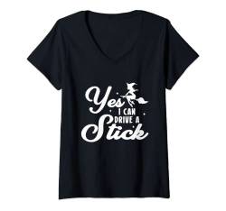 Damen Yes I Can Drive A Stick Hexe Zauberer T-Shirt mit V-Ausschnitt von USA Amerikanischer Feiertag Halloween Designs