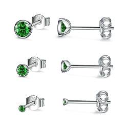 USEEDOVIA Ohrstecker Silber 925 Damen, 3 Paar Klein Sterling Silber Ohrringe Set mit Grün Zirkonia Smaragd Knorpel Funkelnd Schmuck Geschenke für Damen Herren 2/3/4mm von USEEDOVIA