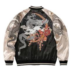 USTZFTBCL Bestickte Bomberjacke Drachen-Patchwork lässiger Motorradmantel Heavy Industry-Stil Beige L von USTZFTBCL