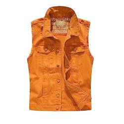 USTZFTBCL Herren Vintage Jeansweste,Frühling/Herbst orange ärmellose Jacke mit Nieten-Loch-Design Orange M von USTZFTBCL