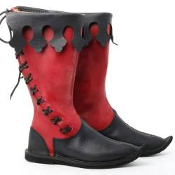 USUWE Vintage Stiefel mit flachem Boden, PU-Leder Reiter Schnürung Piratenstiefel, Vintage Ritterstiefel für Männer und Frauen, 38-48(rot,44) von USUWE