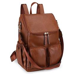 UTO Damen Rucksack Leder Synthetik Daypack Rucksackhandtaschen Modischer Multifunktionsrucksack Vielen Fächer Große Kapazität Tagesrucksack Reißverschluss für Reise Schule Arbeit Braun von UTO