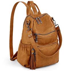 UTO Damen Rucksack PU Washed Leder Modischer Multifunktionsrucksack mit Quastendesign Lässige Schultertaschen vielen Kompartiment Reißverschluss Umhängetasche Rucksack Schule Schulrucksack Gelb von UTO