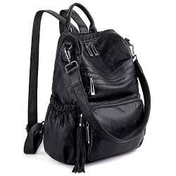 UTO Damen Rucksack PU Washed Leder Modischer Multifunktionsrucksack mit Quastendesign Lässige Schultertaschen vielen Kompartiment Reißverschluss Umhängetasche Rucksack Schule Schulrucksack Schwarz von UTO