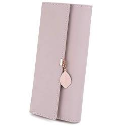 UTO Geldbörse Damen Gross mit Blatt Anhänger PU Leder Lange Reißverschluss Brieftasche Geldbeutel Kartenhalter Handytasche Mädchen Rosa von UTO