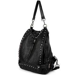 UTO Mode Rucksack Damen Kunstleder Rock Niete Handtasche konvertibeler Tagesrucksack Mädchen Reißverschlusstasche Frauen schwarz von UTO