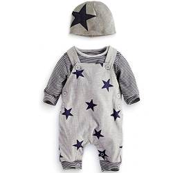 UUAISSO Baby Jungen Kleidung gestreift langärmelig Hemden Latzhose Overalls Hosen niedlicher Hut Herbst Outfits Grau 6-12 Monate von UUAISSO