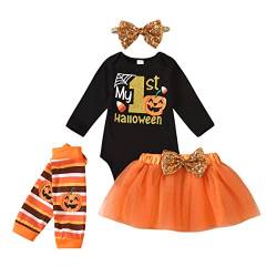 UUAISSO Baby Mädchen My 1st Halloween Kleidung Kürbisdruck Langarm Strampler + Schleifenrock + Häschen Stirnband Herbst Outfits Sets Orange 0-3 Monate von UUAISSO