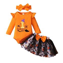 UUAISSO Baby Mädchen My 1st Halloween Kleidung Kürbisdruck Langarm Strampler + Schleifenrock + Häschen Stirnband Herbst Outfits Sets orange2 0-3 Monate von UUAISSO