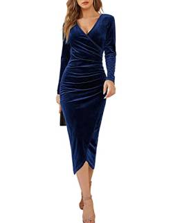 UUAISSO Damen V-Ausschnitt Langarm Kleid Samt Bodycon Geraffte Seite Asymmetrische Cocktailparty Kleider Maxikleider Navy blau S von UUAISSO