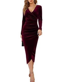 UUAISSO Damen V-Ausschnitt Langarm Kleid Samt Bodycon Geraffte Seite Asymmetrische Cocktailparty Kleider Maxikleider Weinrot M von UUAISSO