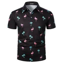 UUAISSO Herren Kurzarm Poloshirt Lässiges Blumen Golfhemd Tropische Oberteile Sommerhemd für Herren Schwarzer Flamingo L von UUAISSO