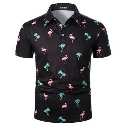 UUAISSO Herren Kurzarm Poloshirt Lässiges Blumen Golfhemd Tropische Oberteile Sommerhemd für Herren Schwarzer Flamingo M von UUAISSO