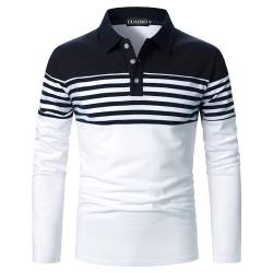 UUAISSO Herren Polo Langarm Streifen Poloshirts Kontrastfarbenes Hemd Slim Fit Baumwolle Golf Polos Marineblau+Weiß M von UUAISSO