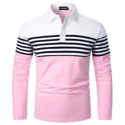 UUAISSO Herren Polo Langarm Streifen Poloshirts Kontrastfarbenes Hemd Slim Fit Baumwolle Golf Polos Weiß+Rosa L von UUAISSO