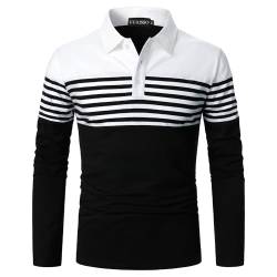 UUAISSO Herren Polo Langarm Streifen Poloshirts Kontrastfarbenes Hemd Slim Fit Baumwolle Golf Polos Weiß+Schwarz L von UUAISSO