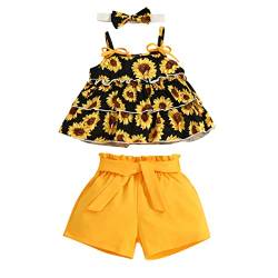 UUAISSO Kleinkind Baby Mädchen Kleidung Gekräuselte ärmellose Tank Sunflower Top + kurze Hosen Stirnband Sets für Mädchen Schwarz 12-18 Monate von UUAISSO