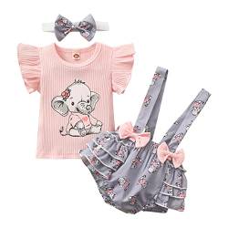 UUAISSO Neugeborenes Baby Mädchen Kleidung Sets Rüschen Kurzarm Tops Blumen Hosenträger Shorts mit Stirnband Sommer Outfits Elefant 0-3 Monate von UUAISSO