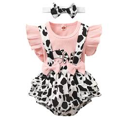 UUAISSO Neugeborenes Baby Mädchen Kleidung Sets Rüschen Kurzarm Tops Blumen Hosenträger Shorts mit Stirnband Sommer Outfits Kühe 3-6 Monate von UUAISSO