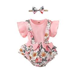 UUAISSO Neugeborenes Baby Mädchen Kleidung Sets Rüschen Kurzarm Tops Blumen Hosenträger Shorts mit Stirnband Sommer Outfits Rosa-1 0-3 Monate von UUAISSO