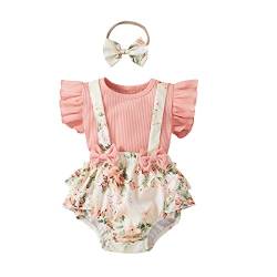 UUAISSO Neugeborenes Baby Mädchen Kleidung Sets Rüschen Kurzarm Tops Blumen Hosenträger Shorts mit Stirnband Sommer Outfits Rosa-2 0-3 Monate von UUAISSO