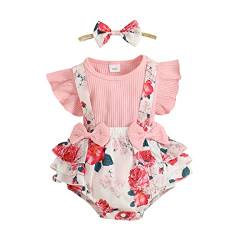 UUAISSO Neugeborenes Baby Mädchen Kleidung Sets Rüschen Kurzarm Tops Blumen Hosenträger Shorts mit Stirnband Sommer Outfits Rosa-3 12-18 Monate von UUAISSO