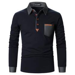 UUAISSO Poloshirt Herren Langarm Polo Shirts Baumwolle Farbe Nähen Tasche T-Shirt Slim Fit Golf Navy blau XL von UUAISSO