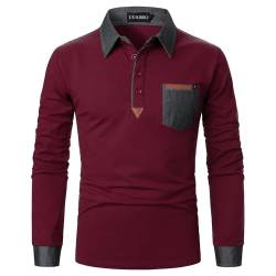 UUAISSO Poloshirt Herren Langarm Polo Shirts Baumwolle Farbe Nähen Tasche T-Shirt Slim Fit Golf Rotwein S von UUAISSO