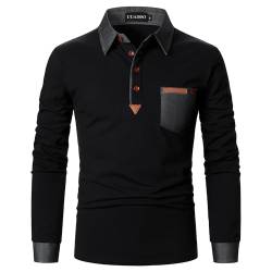 UUAISSO Poloshirt Herren Langarm Polo Shirts Baumwolle Farbe Nähen Tasche T-Shirt Slim Fit Golf Schwarz L von UUAISSO