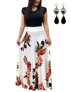 UUAISSO Sommerkleid Damen Lang mit Blüte Drucken Lang High Waist Elastische Strandkleider Maxikleider C-weiß-Kurzarm L von UUAISSO