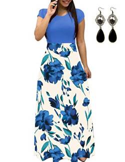 UUAISSO Sommerkleid Damen Lang mit Blüte Drucken Lang High Waist Elastische Strandkleider Maxikleider D-Blau-Kurzarm 3XL von UUAISSO