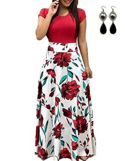 UUAISSO Sommerkleid Damen Lang mit Blüte Drucken Lang High Waist Elastische Strandkleider Maxikleider D-rot-Kurzarm 4XL von UUAISSO