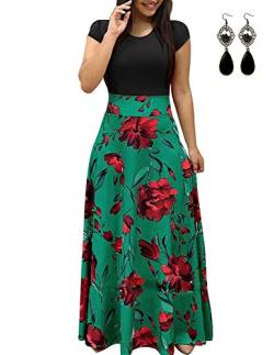 UUAISSO Sommerkleid Damen Lang mit Blüte Drucken Lang High Waist Elastische Strandkleider Maxikleider E-grün-Kurzarm 3XL von UUAISSO